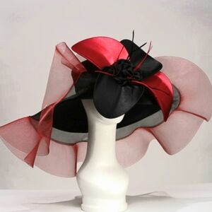 Beloved Millinery Wide-Brim Sweeping Red Black Women's Hat Kentucky Derby Church